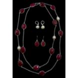 Faceted ruby and pearl necklace and two pairs of similar earrings, one pair stamped 925