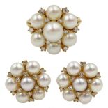 Pair of gold pearl and diamond stud earrings and matching ring, all hallmarked 18ct