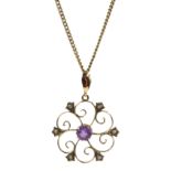 Edwardian gold amethyst and seed pearl pendant, stamped 9ct, on gold chain hallmarked 9ct