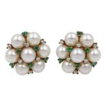 Pair of gold pearl, emerald and diamond cluster stud earrings, hallmarked 9ct