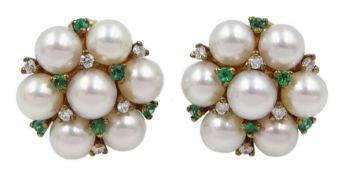 Pair of gold pearl, emerald and diamond cluster stud earrings, hallmarked 9ct