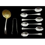 Set of five silver teaspoons, similar sugar tongs and silver sugar sifting spoon, engraved and brigh