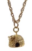 9ct gold bee and beehive pendant on 9ct gold chain, hallmarked or tested, approx 10.2gm