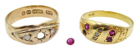Early 20th century seven stone ruby and diamond ring, stamped 18ct and a Victorian 9ct gold three st