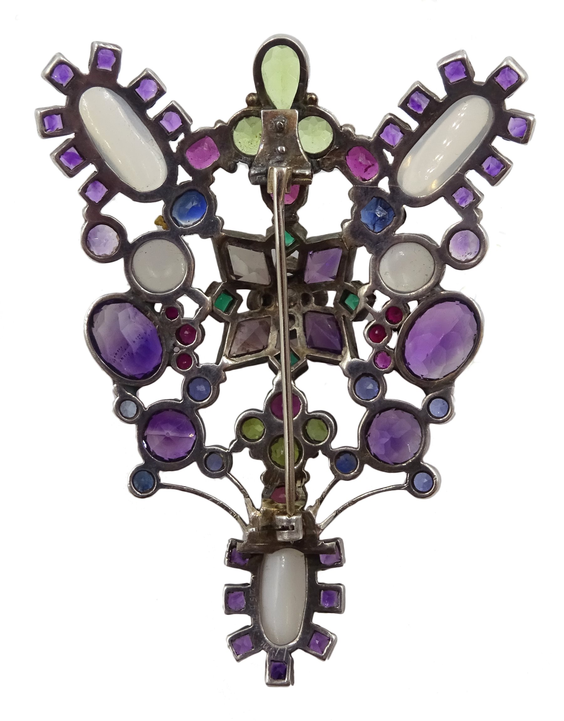 Early 20th century Arts & Crafts silver brooch, milgrain set with gemstones including diamonds, sapp - Image 2 of 3