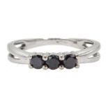 9ct white gold three stone black diamond ring, hallmarked