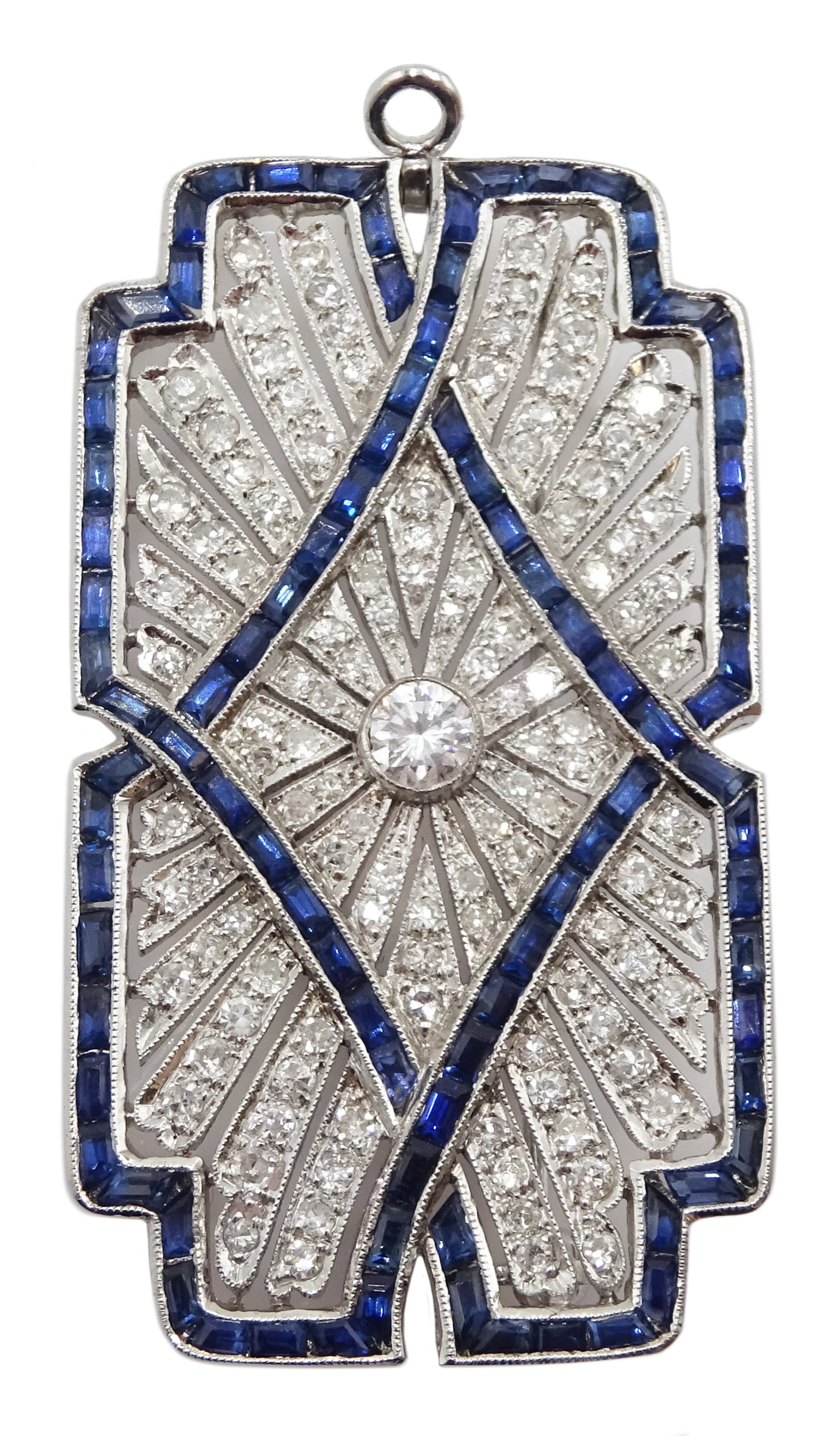 White gold calibre cut sapphire and diamond brooch, milgrain set in open work design, stamped 18K - Image 4 of 4