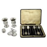 Two silver vases by Charles Edwards, London 1902, set of six teaspoons and sugar tongs by Lee & Wigf