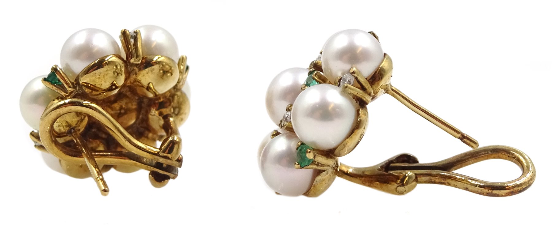 Pair of gold pearl, emerald and diamond cluster stud earrings, hallmarked 9ct - Image 2 of 2