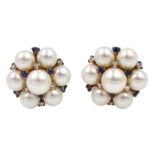 Pair of gold pearl, sapphire and diamond cluster stud earrings, hallmarked 9ct