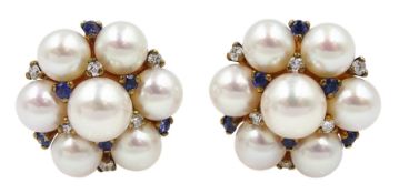 Pair of gold pearl, sapphire and diamond cluster stud earrings, hallmarked 9ct