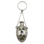 Edwardian silver scent bottle, heart shaped agate decoration, with finger chain, Birmingham 1901