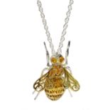 Silver amber set bee pendant necklace, stmaped 925