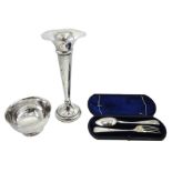 Victorian silver christening spoon and fork by Thomas Smily, London 1864/5, silver trumpet vase by