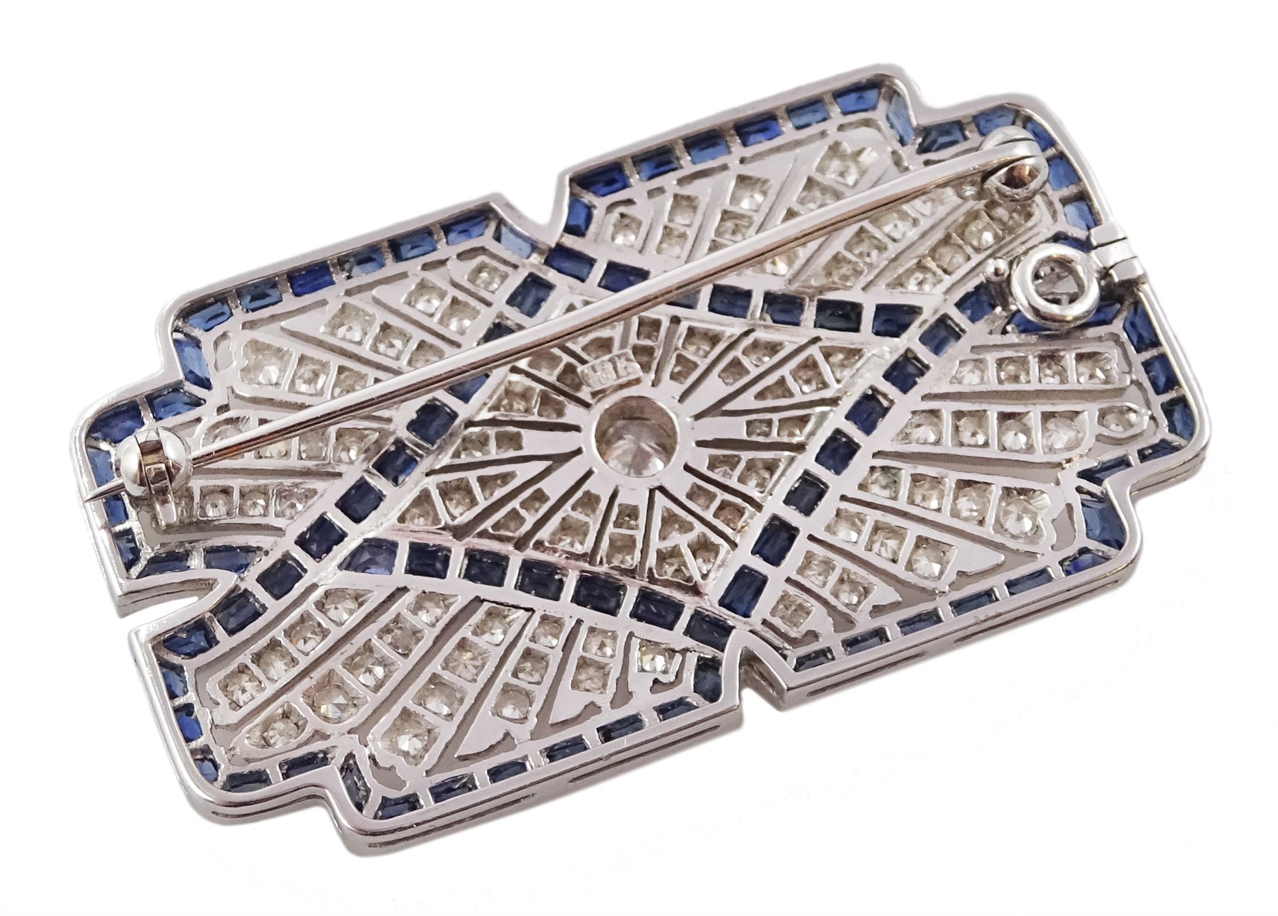 White gold calibre cut sapphire and diamond brooch, milgrain set in open work design, stamped 18K - Image 3 of 4