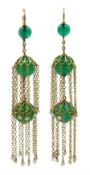 Pair of gold chrysoprase and seed pearl tassel pendant earrings