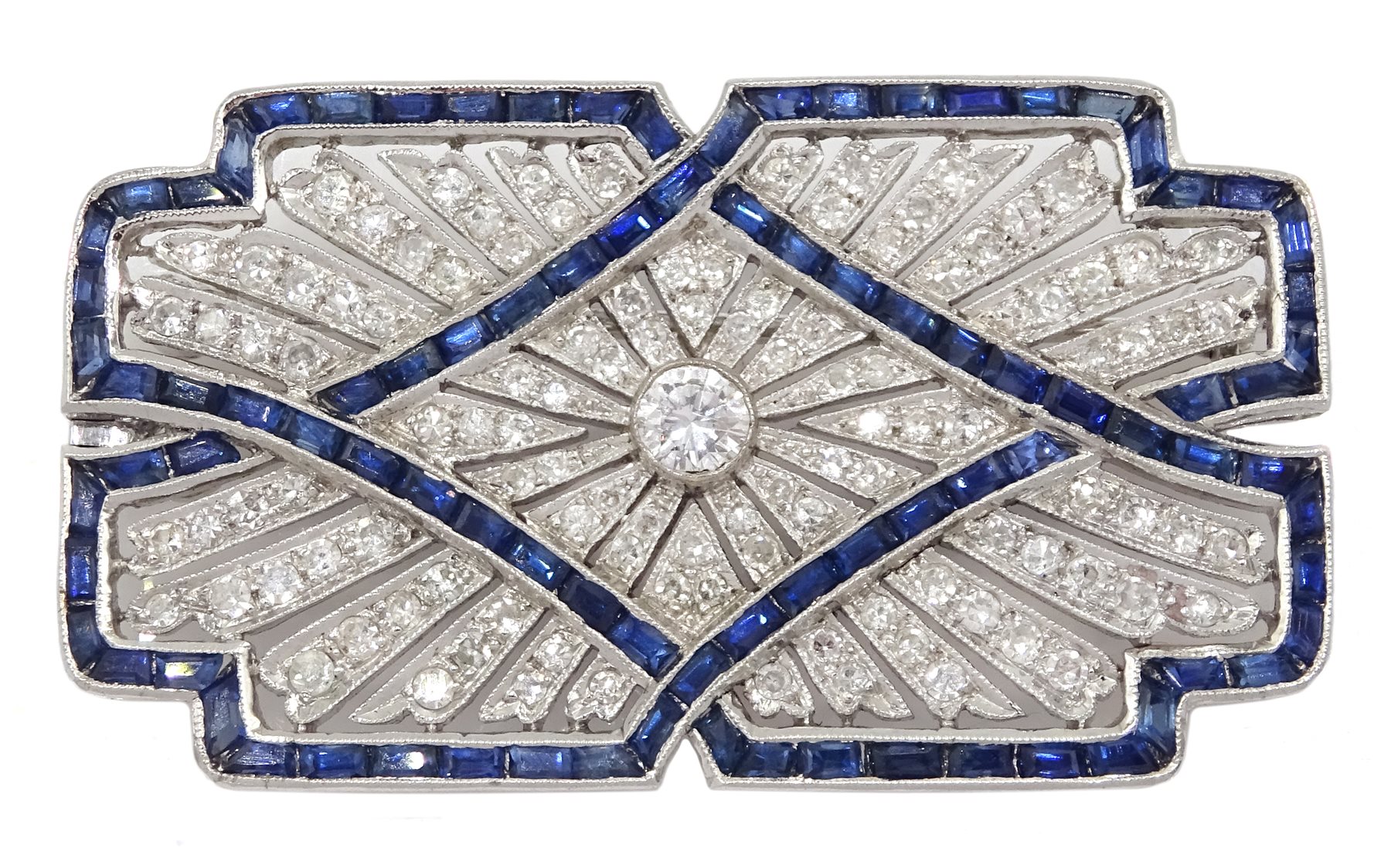 White gold calibre cut sapphire and diamond brooch, milgrain set in open work design, stamped 18K