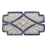 White gold calibre cut sapphire and diamond brooch, milgrain set in open work design, stamped 18K