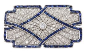 White gold calibre cut sapphire and diamond brooch, milgrain set in open work design, stamped 18K