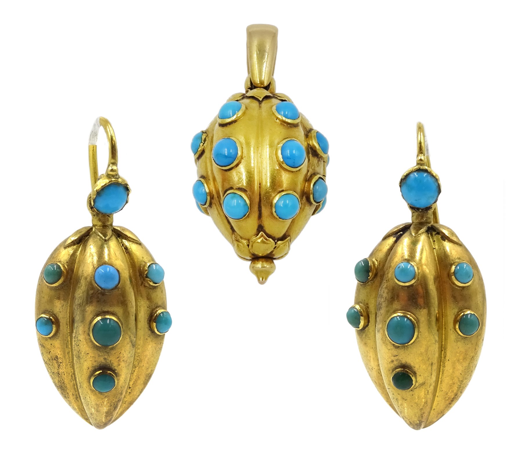 Victorian 18ct gold cabochon turquoise set locket pendant and a pair similar 18ct gold earrings