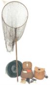 Fishing tackle including a landing net, two creels, fly tin, small brass reel, other reels, crab lin