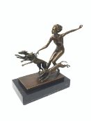 After 'Lorenzl', Art Deco style bronze figure modelled as a lady with three dogs, raised upon a marb