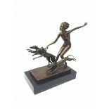 After 'Lorenzl', Art Deco style bronze figure modelled as a lady with three dogs, raised upon a marb