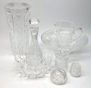 Group of Waterford Crystal to include a vase of tapering form H34cm, two fruit bowls, jug, decanter