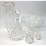 Group of Waterford Crystal to include a vase of tapering form H34cm, two fruit bowls, jug, decanter