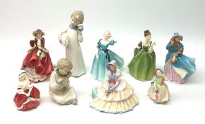 A group of seven Royal Doulton figurines, comprising Celeste HN2237, Day Dreams HN1731, Fleur HN2368