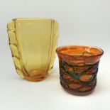 A Whitefriars Flanged amber glass vase pat no 9384 designed by William Wilson, H19cm, together with