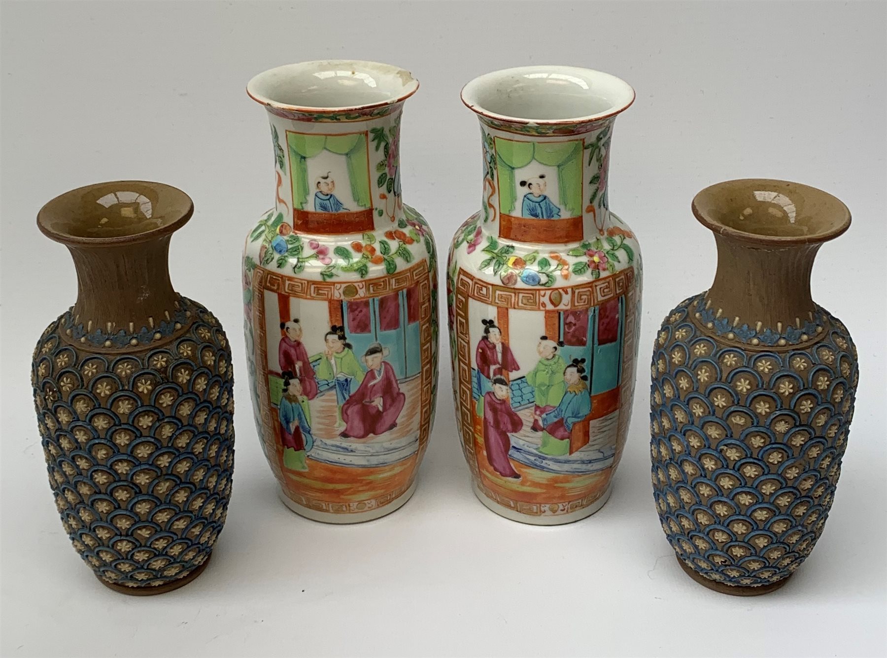 Pair of late 19th century Doulton Lambeth Silicon ware vases and a pair of 19th century Cantonese Fa