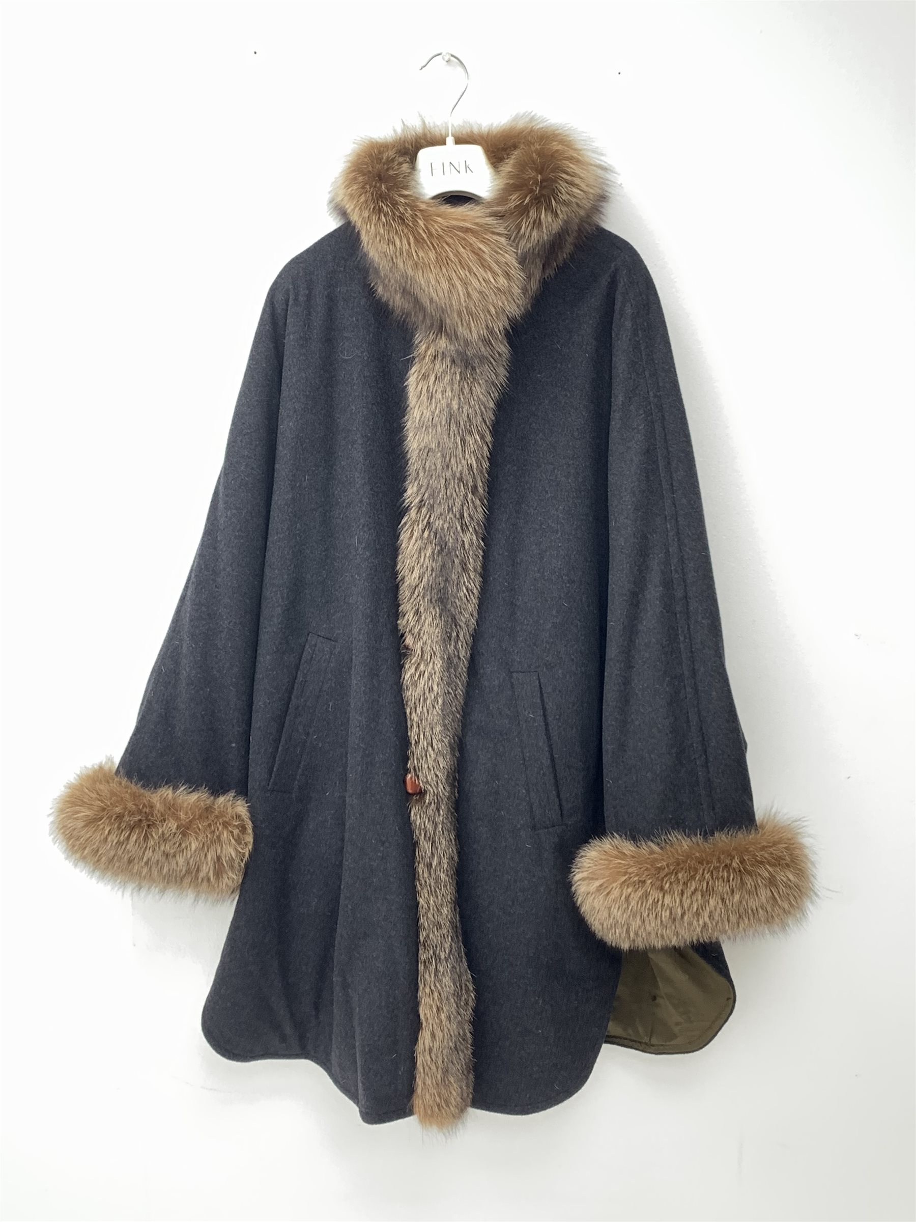 Schneiders' Salzburg Charcoal Cashmere batwing jacket with fox fur collar, trim and cuffs