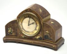 An early 20th century walnut and Shibayama decorated mantel clock, of stepped arched form, 8 day mov