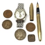 Gentleman's stainless steel Mondia wristwatch, Sheaffer gold-plated fountain pen with 14k nib, King
