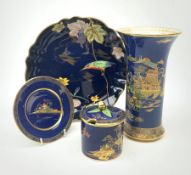 Three pieces of Carlton Ware, comprising a lobed dish decorated with a kingfisher and lilies, D23cm,