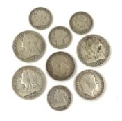 Three Queen Victoria half crown coins, 1896, 1898 and 1901, four shillings, 1872, 1893, 1894 and 189