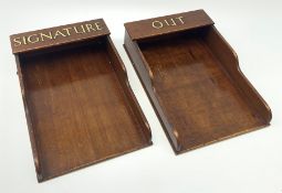Pair of Edwardian mahogany trays stencilled in gilt with "out" and "signature". H40cm, D11cm, W28cm