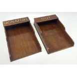 Pair of Edwardian mahogany trays stencilled in gilt with "out" and "signature". H40cm, D11cm, W28cm