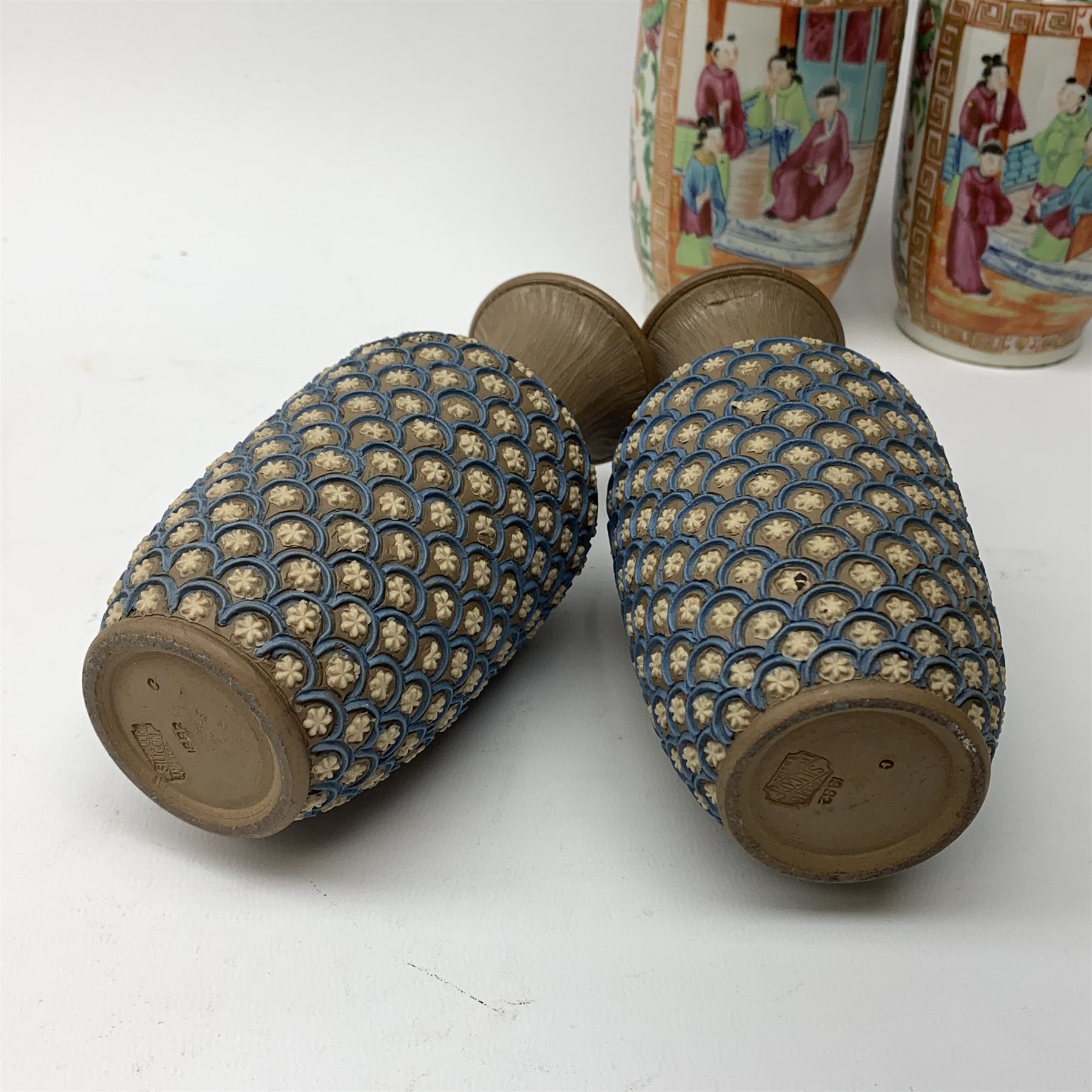 Pair of late 19th century Doulton Lambeth Silicon ware vases and a pair of 19th century Cantonese Fa - Image 2 of 4