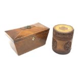 19th century mahogany sarcophagus form tea caddy, L29cm and a Chinese cared bamboo brush pot and cov