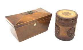 19th century mahogany sarcophagus form tea caddy, L29cm and a Chinese cared bamboo brush pot and cov