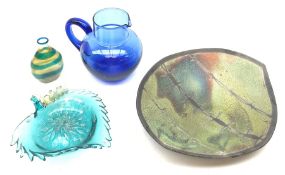 A Venetian blue glass bowl modelled in the form of a vine leaf, L18cm, together with a small glass f