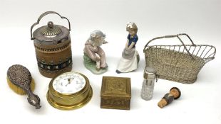 19th century Doulton Lambeth Silicon ware biscuit barrel, two Nao figures, Victorian silver backed b