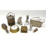 19th century Doulton Lambeth Silicon ware biscuit barrel, two Nao figures, Victorian silver backed b