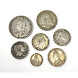 Queen Victoria 1887 half crown coin, 1887 threepence piece and 1888 shilling, George III 1820 shilli
