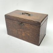 George III oak three-division box with hinged lid and brass fittings, L36cm x H23cm