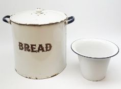 A large Vintage enamel twin handled bread bin and cover, H38cm.