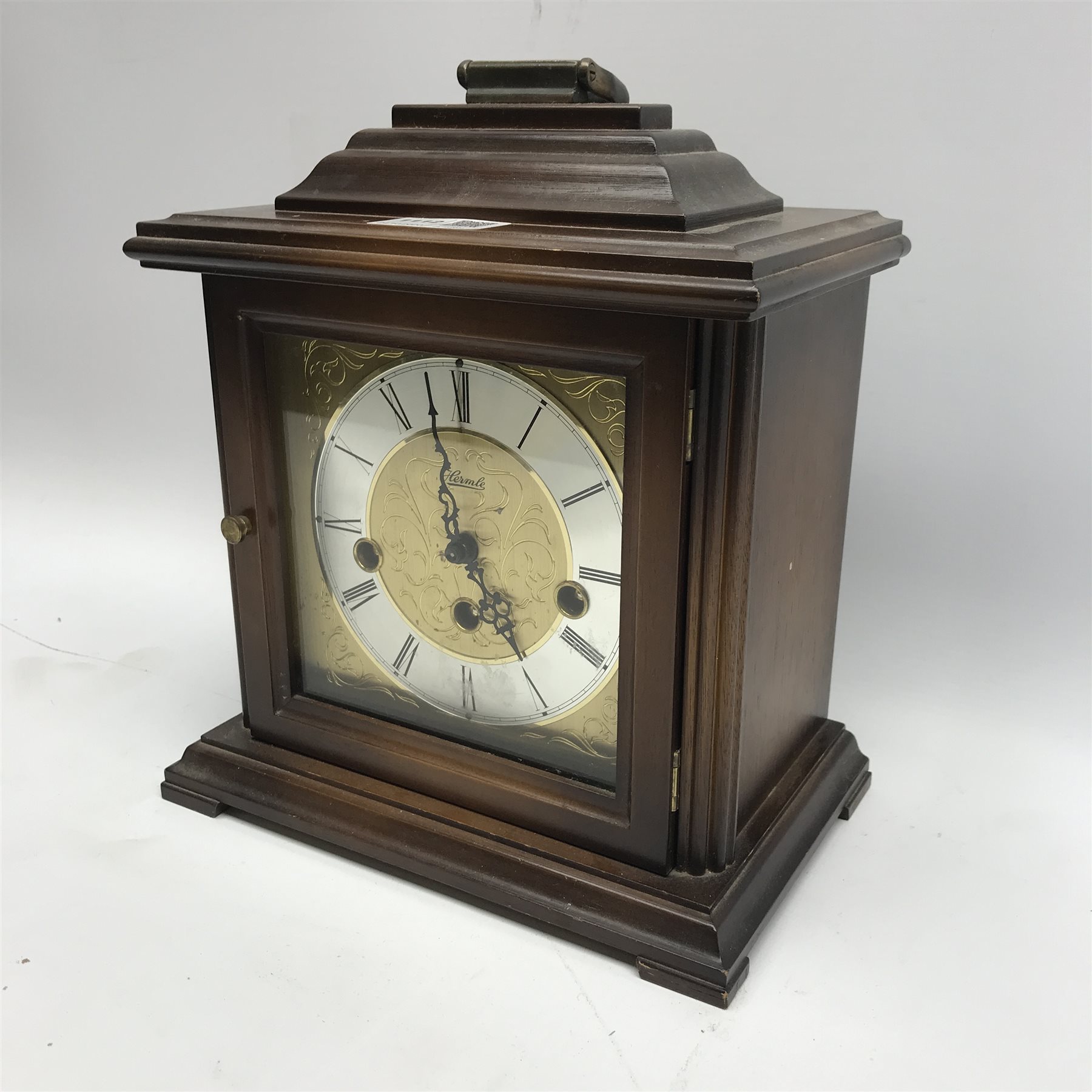 Hermle bracket clock, stained beech case, engraved dial with Roman chapter ring, triple train driven - Image 3 of 4