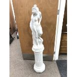 White painted composition garden figure of scantily clad classical female on plinth, H155cm